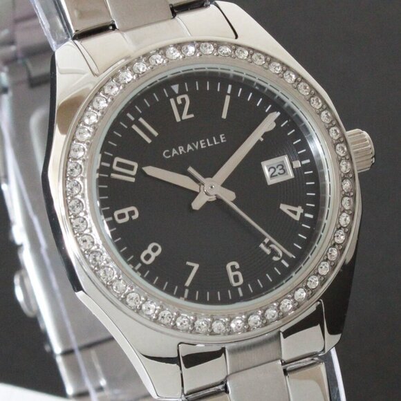 Caravelle Ladies Dress Watch By Bulova Black Sunray Dial 48 Crystal Bezel 28mm - Picture 8 of 12